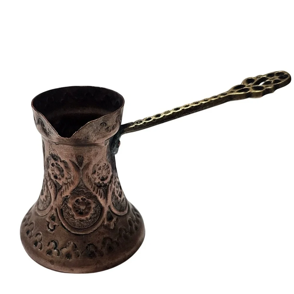 Vintage Small Copper Turkish Coffee Pot Engraved Floral Ibrik